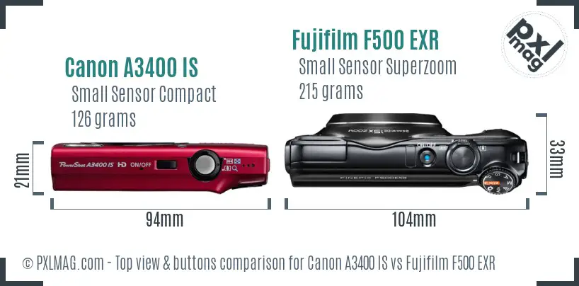 Canon A3400 IS vs Fujifilm F500 EXR top view buttons comparison