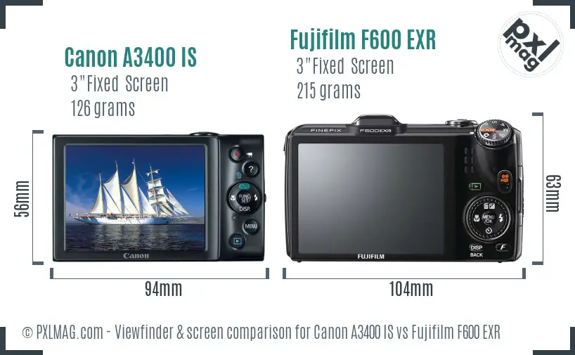 Canon A3400 IS vs Fujifilm F600 EXR Screen and Viewfinder comparison