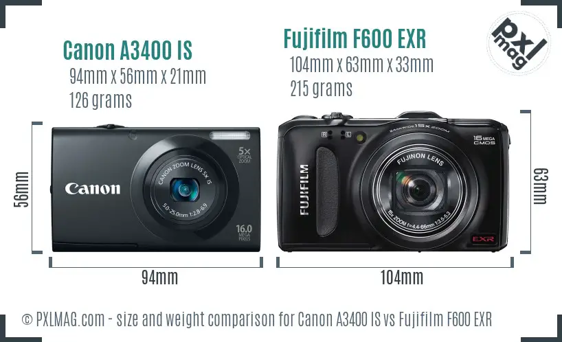 Canon A3400 IS vs Fujifilm F600 EXR size comparison