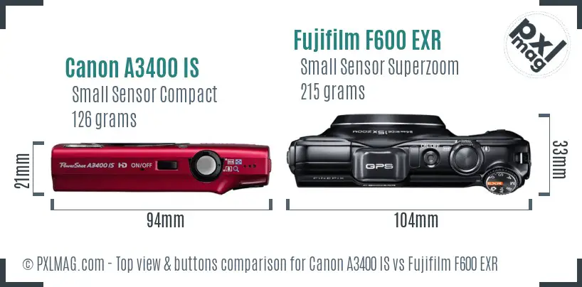 Canon A3400 IS vs Fujifilm F600 EXR top view buttons comparison