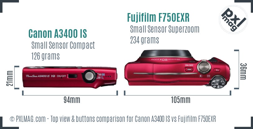 Canon A3400 IS vs Fujifilm F750EXR top view buttons comparison