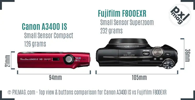Canon A3400 IS vs Fujifilm F800EXR top view buttons comparison Canon A3400 IS vs Fujifilm F800EXR top view buttons comparison
