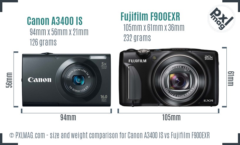 Canon A3400 IS vs Fujifilm F900EXR size comparison