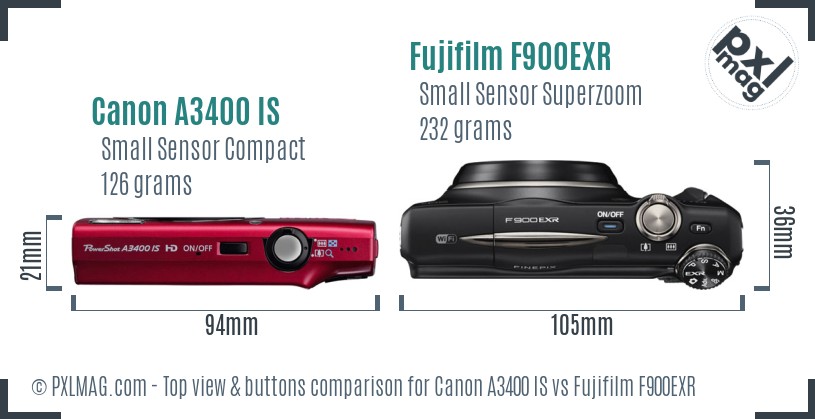 Canon A3400 IS vs Fujifilm F900EXR top view buttons comparison