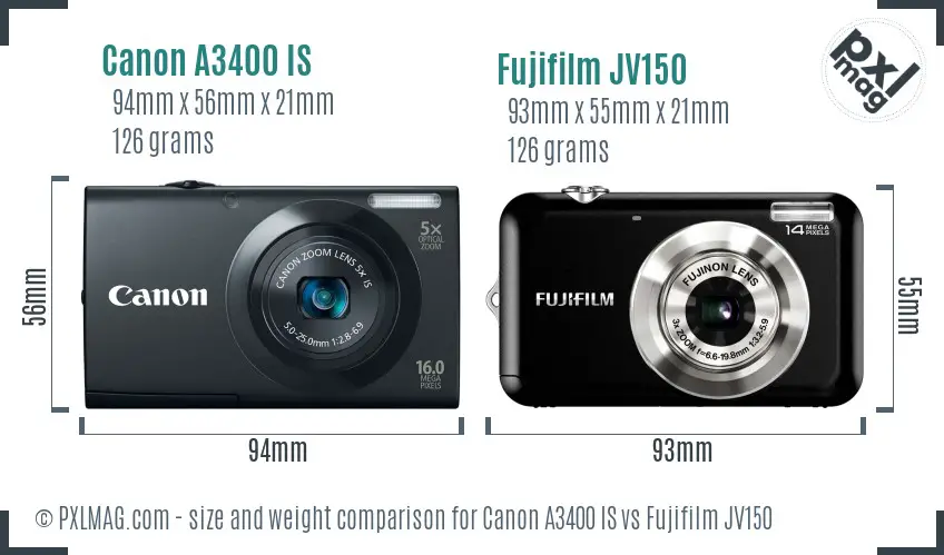 Canon A3400 IS vs Fujifilm JV150 size comparison