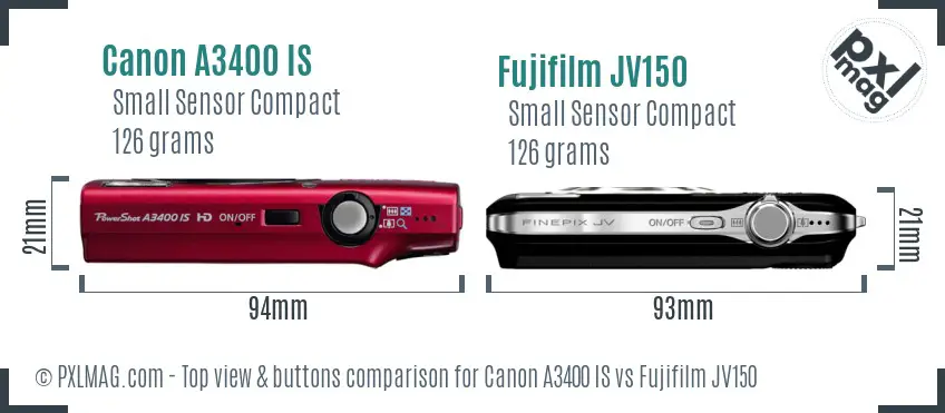 Canon A3400 IS vs Fujifilm JV150 top view buttons comparison