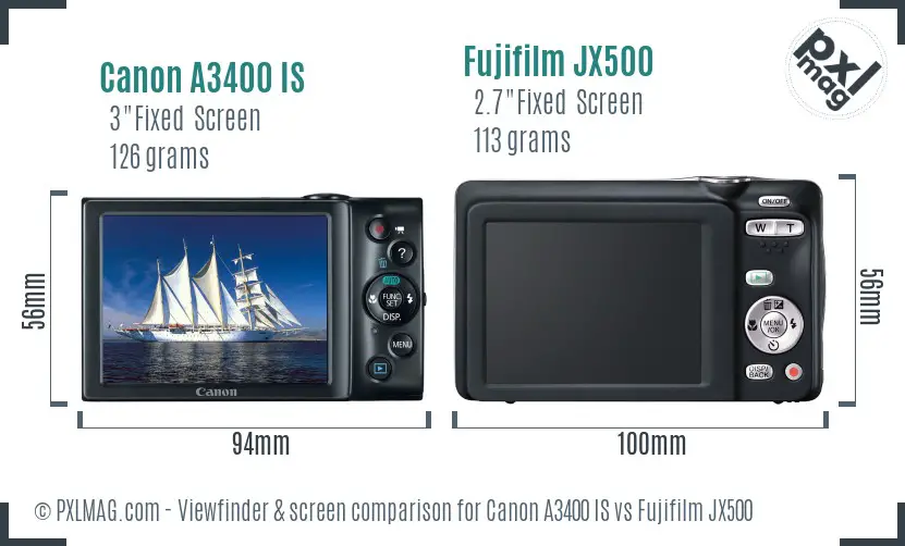 Canon A3400 IS vs Fujifilm JX500 Screen and Viewfinder comparison