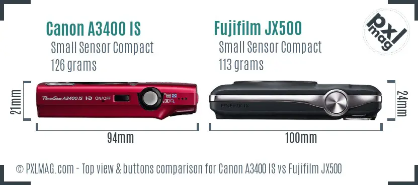 Canon A3400 IS vs Fujifilm JX500 top view buttons comparison