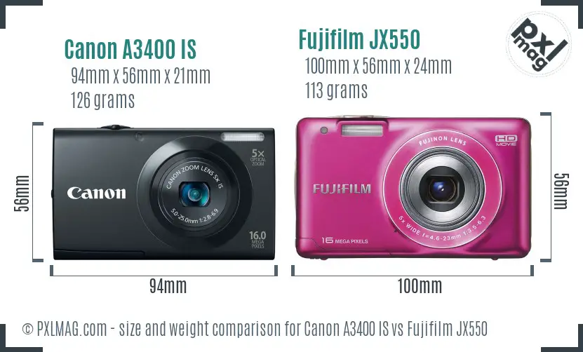 Size comparison of Canon A3400 IS and Fujifilm JX550