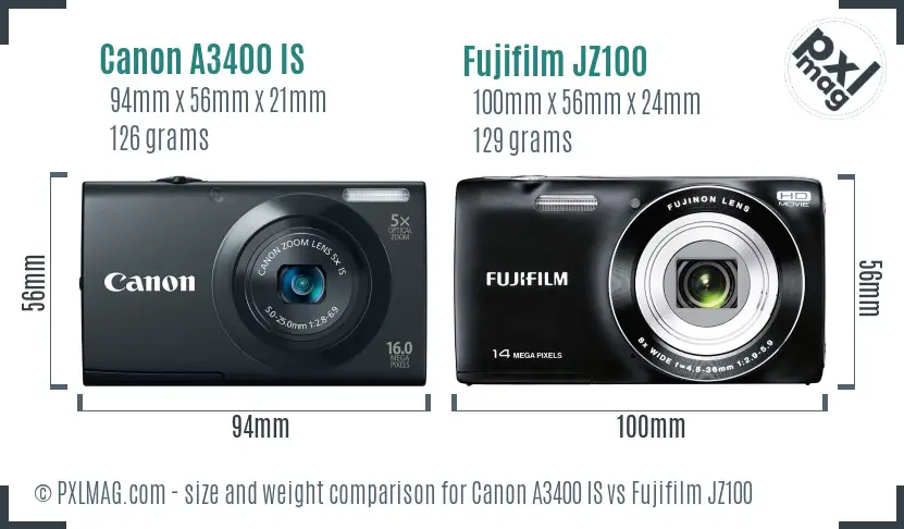 Canon A3400 IS vs Fujifilm JZ100 size comparison