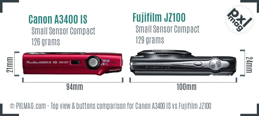 Canon A3400 IS vs Fujifilm JZ100 top view buttons comparison