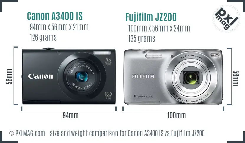 Canon A3400 IS vs Fujifilm JZ200 size comparison
