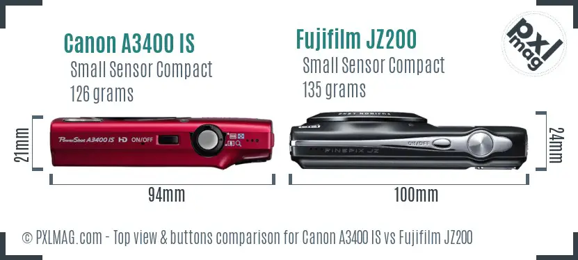 Canon A3400 IS vs Fujifilm JZ200 top view buttons comparison