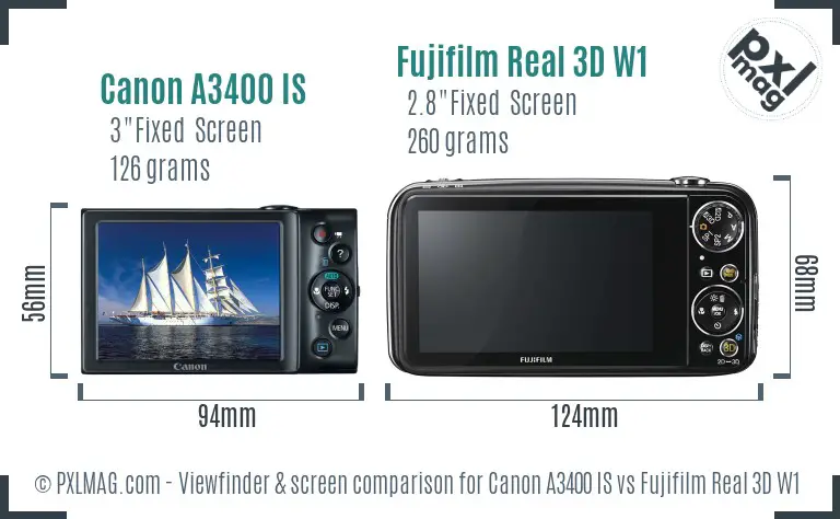 Canon A3400 IS vs Fujifilm Real 3D W1 Screen and Viewfinder comparison