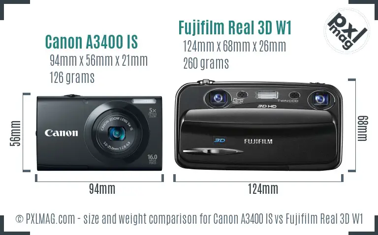 Canon A3400 IS vs Fujifilm Real 3D W1 size comparison