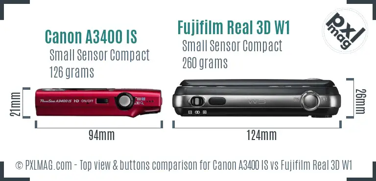 Canon A3400 IS vs Fujifilm Real 3D W1 top view buttons comparison