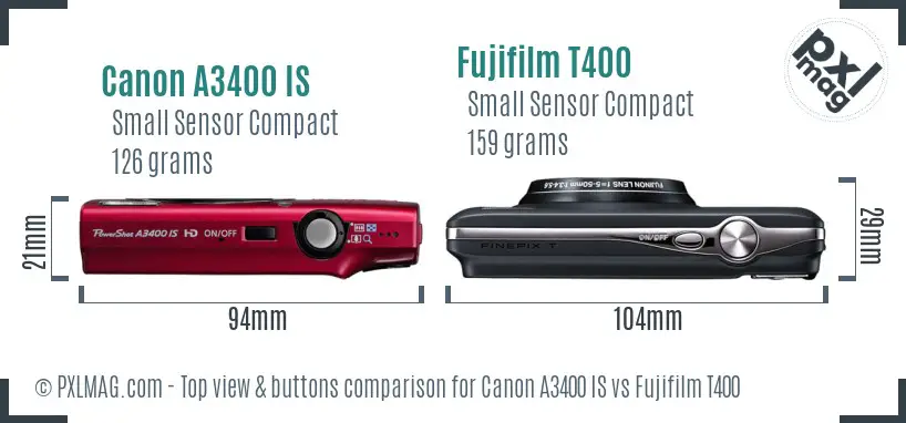 Canon A3400 IS vs Fujifilm T400 top view buttons comparison Canon A3400 IS vs Fujifilm T400 top view buttons comparison
