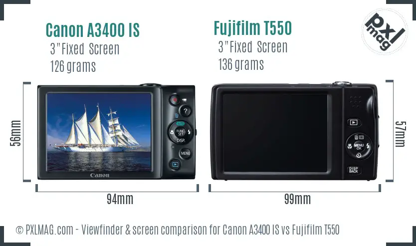 Canon A3400 IS vs Fujifilm T550 Screen and Viewfinder comparison