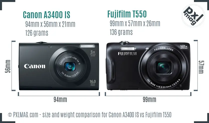Canon A3400 IS vs Fujifilm T550 size comparison