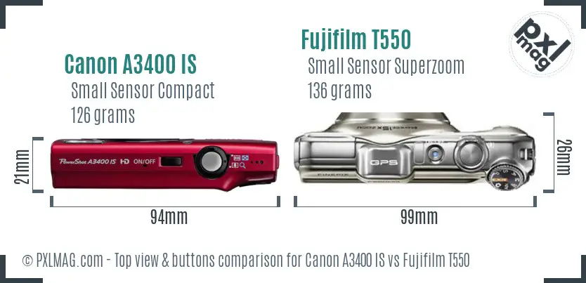 Canon A3400 IS vs Fujifilm T550 top view buttons comparison