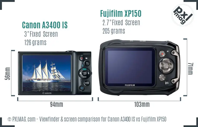 Canon A3400 IS vs Fujifilm XP150 Screen and Viewfinder comparison