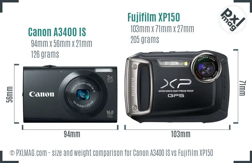 Canon A3400 IS vs Fujifilm XP150 size comparison