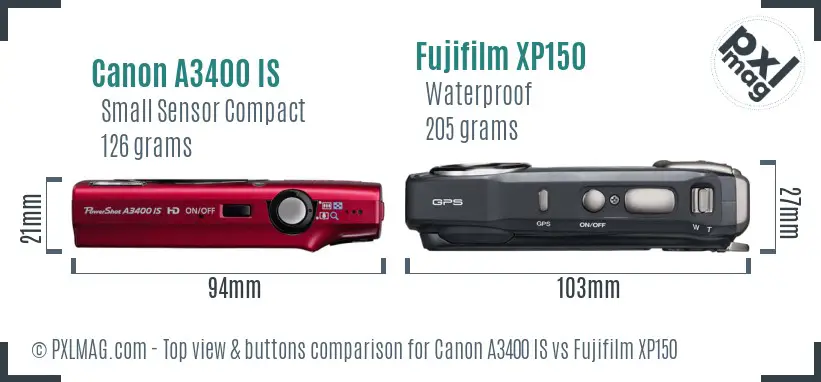 Canon A3400 IS vs Fujifilm XP150 top view buttons comparison