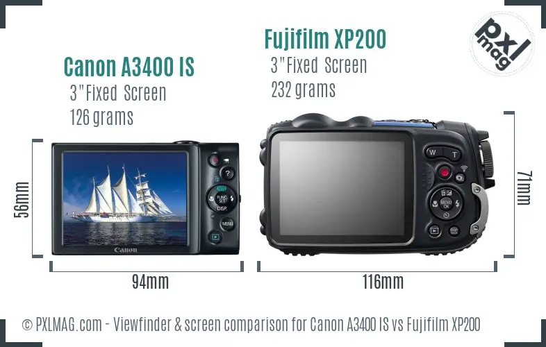 Canon A3400 IS vs Fujifilm XP200 Screen and Viewfinder comparison