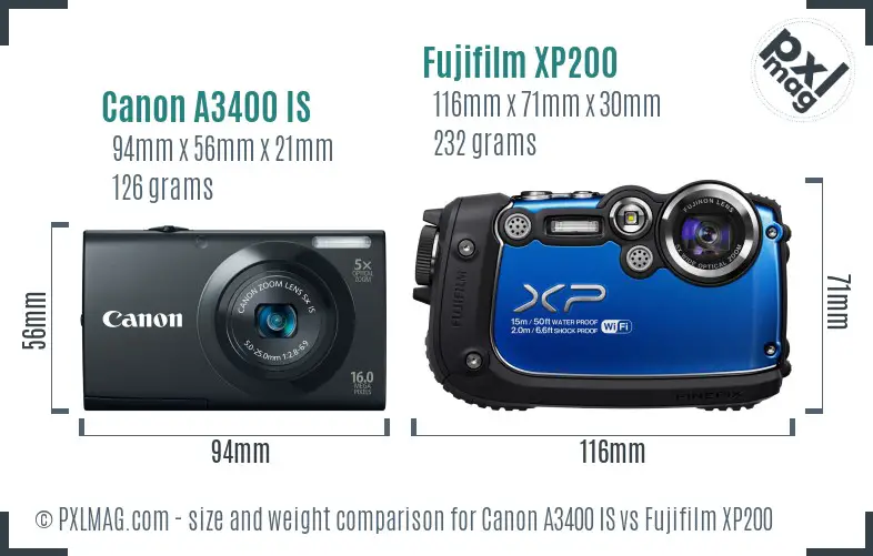 Canon A3400 IS vs Fujifilm XP200 size comparison