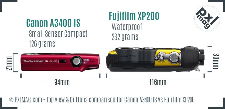 Canon A3400 IS vs Fujifilm XP200 top view buttons comparison