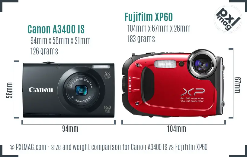Canon A3400 IS vs Fujifilm XP60 size comparison