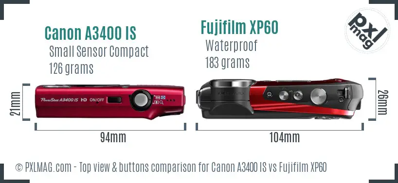 Canon A3400 IS vs Fujifilm XP60 top view buttons comparison