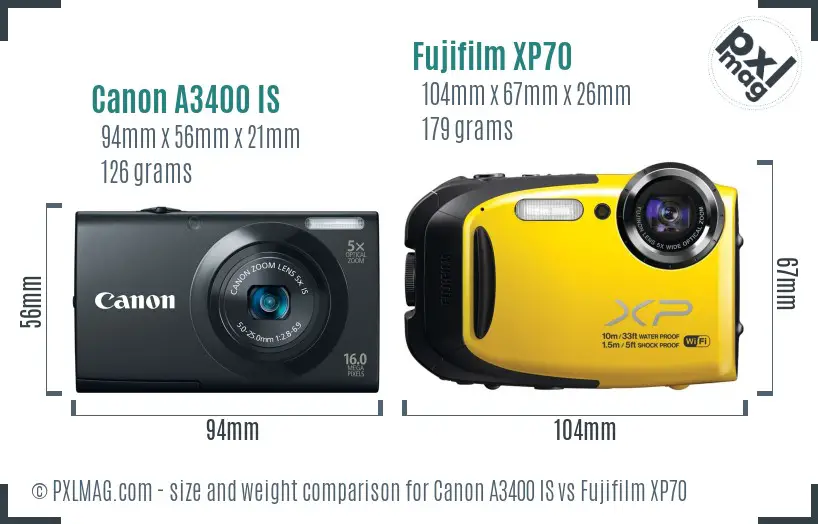 Canon A3400 IS vs Fujifilm XP70 size comparison