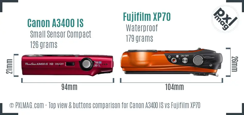 Canon A3400 IS vs Fujifilm XP70 top view buttons comparison