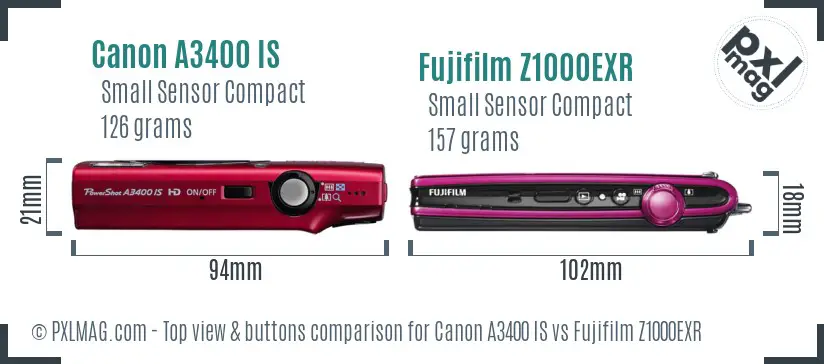 Canon A3400 IS vs Fujifilm Z1000EXR top view buttons comparison