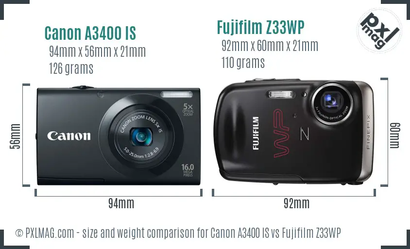 Canon A3400 IS vs Fujifilm Z33WP size comparison Canon A3400 IS vs Fujifilm Z33WP size comparison