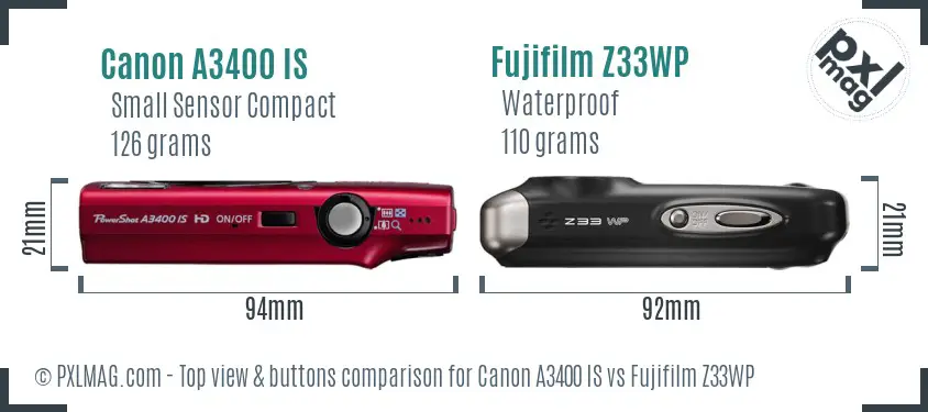 Canon A3400 IS vs Fujifilm Z33WP top view buttons comparison Canon A3400 IS vs Fujifilm Z33WP top view buttons comparison