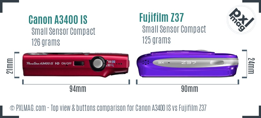 Canon A3400 IS vs Fujifilm Z37 top view buttons comparison