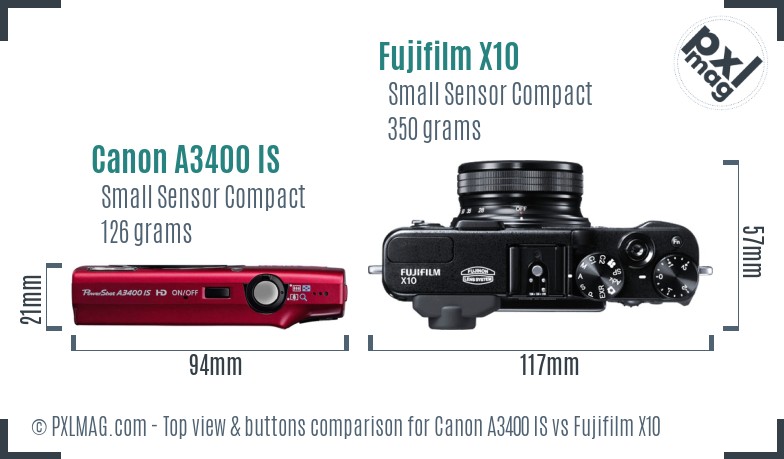 Canon A3400 IS vs Fujifilm X10 top view buttons comparison