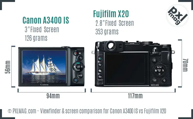 Canon A3400 IS vs Fujifilm X20 Screen and Viewfinder comparison