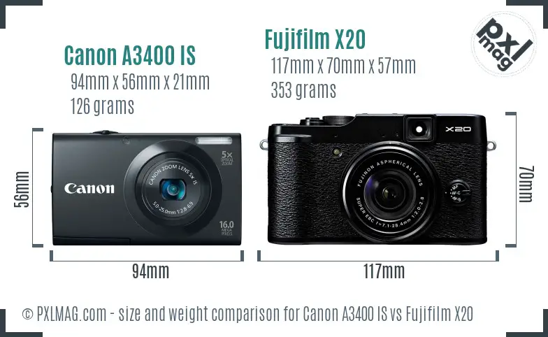 Canon A3400 IS vs Fujifilm X20 size comparison