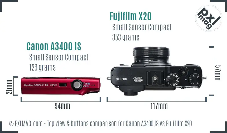 Canon A3400 IS vs Fujifilm X20 top view buttons comparison