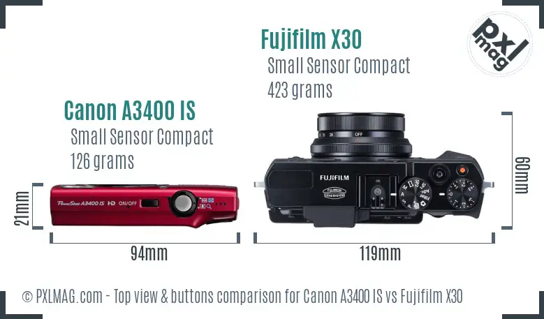 Canon A3400 IS vs Fujifilm X30 top view buttons comparison