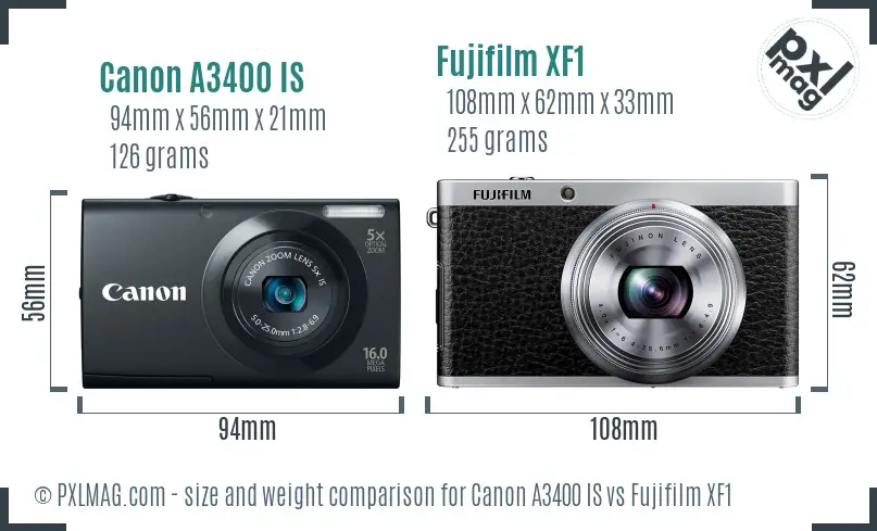 Canon A3400 IS vs Fujifilm XF1 size comparison
