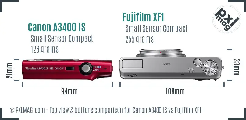 Canon A3400 IS vs Fujifilm XF1 top view buttons comparison