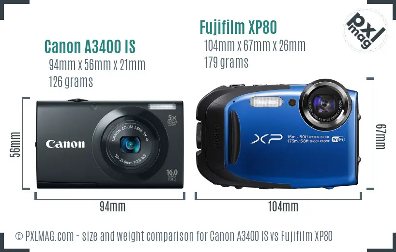 Canon A3400 IS vs Fujifilm XP80 size comparison