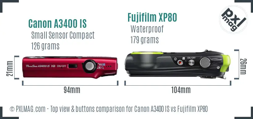 Canon A3400 IS vs Fujifilm XP80 top view buttons comparison