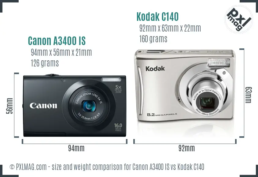 Canon A3400 IS vs Kodak C140 size comparison