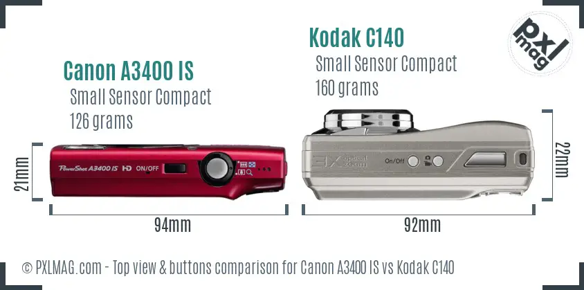 Canon A3400 IS vs Kodak C140 top view buttons comparison