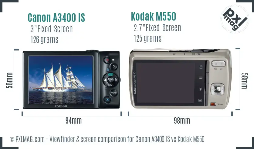 Canon A3400 IS vs Kodak M550 Screen and Viewfinder comparison